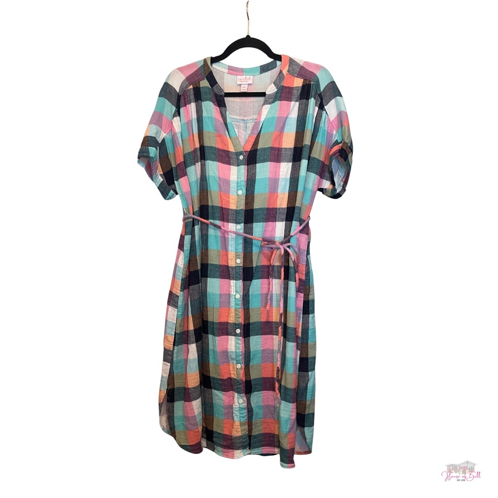 Isabel Maternity XXL Plaid Shirt Dress Aqua Coral Pink Tie-Belt